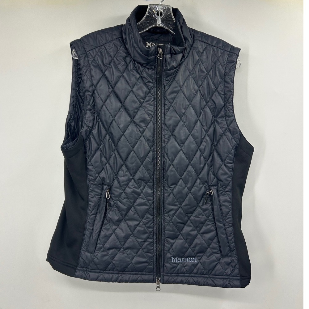 Marmot Womens Quilted Puffer Vest Black Full Zip XL Stretch Side Panels